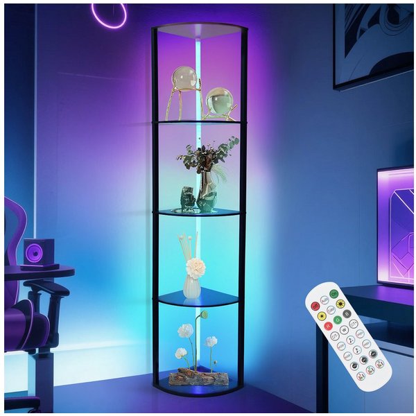 XERSEK Eckregal LED Standregal Bücherregal Vitrine Dimmbar mit Fernbedienung Smart, Metallrahmen Regal 4-6 Ablagen, Für Wohnzimmer / Schlafzimmer / Flur / Büro