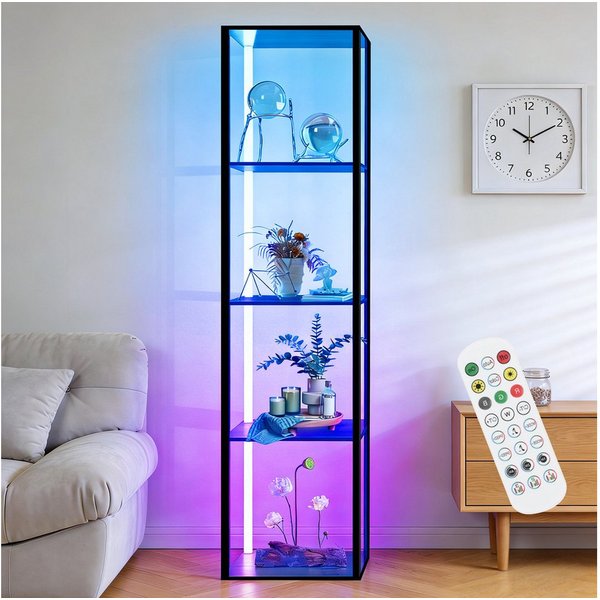 XERSEK Eckregal LED Standregal Bücherregal Vitrine Dimmbar mit Fernbedienung Smart, Metallrahmen Regal 4-6 Ablagen, Für Wohnzimmer / Schlafzimmer / Flur / Büro