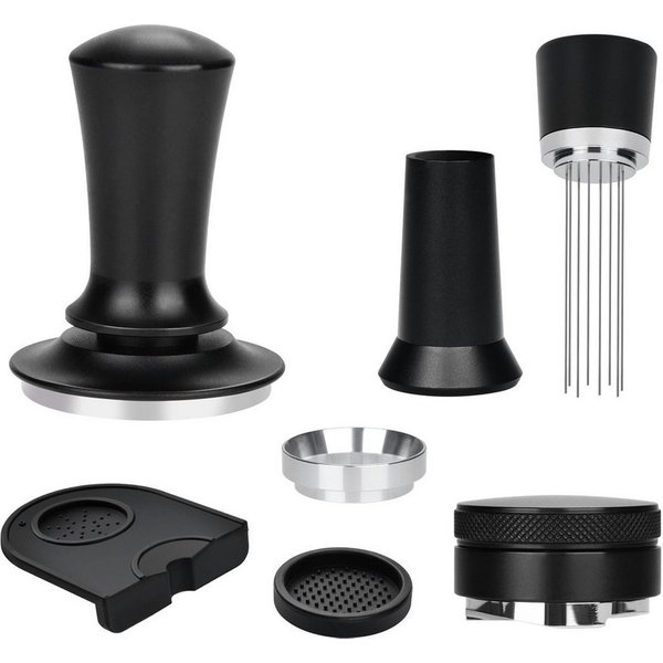 XERSEK Tamper 51mm Edelstahl Kaffeetamper Set mit Tampermatte für Espresso Barista, inkl. Verteiler, Kaffeepulverring, Tamping Matte & Nadel