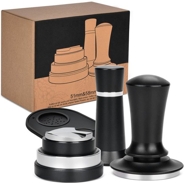 XERSEK Tamper 58mm Edelstahl Kaffeetamper Set mit Tampermatte für Espresso Barista, inkl. Verteiler, Kaffeepulverring, Tamping Matte & Nadel