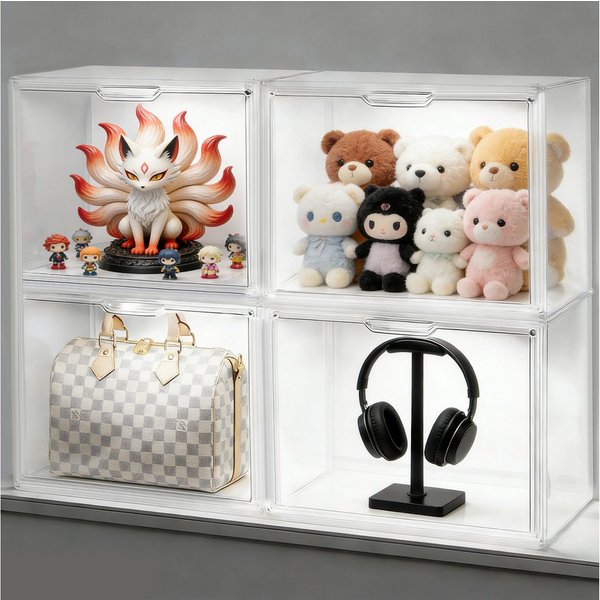 XERSEK Vitrine Acryl Displaybox mit LED, Magnettür, Transparent Organizer 36×22 ×27cm (4 Set] Staubdicht, Stapelfähig, Horizontal oder Vertical Platzierbar) Acr