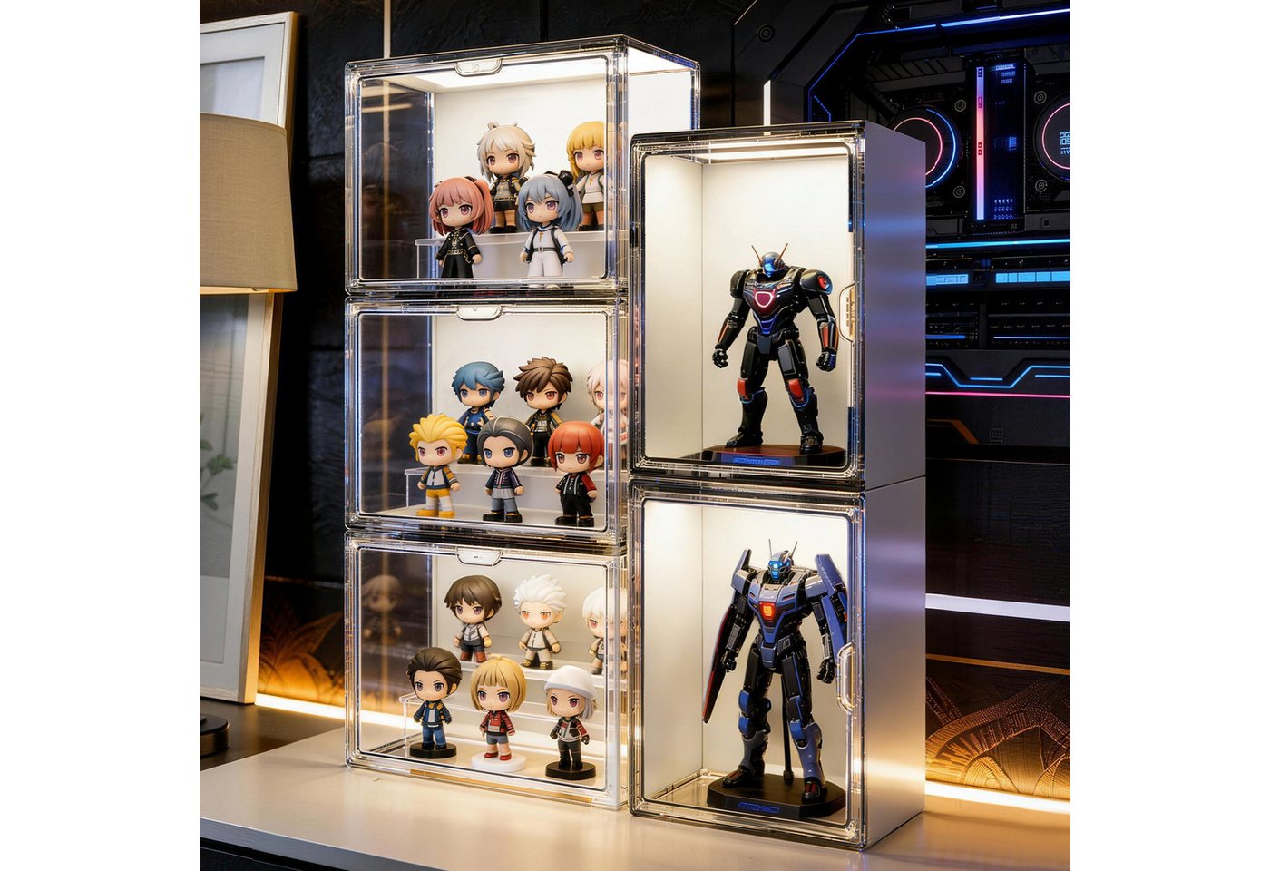 XERSEK Vitrine Acryl Displaybox mit LED, Magnettür, Transparent Organizer 36×22 ×27cm (4 Set] Staubdicht, Stapelfähig, Horizontal oder Vertical Platzierbar) Acr – Bild 2 von 5