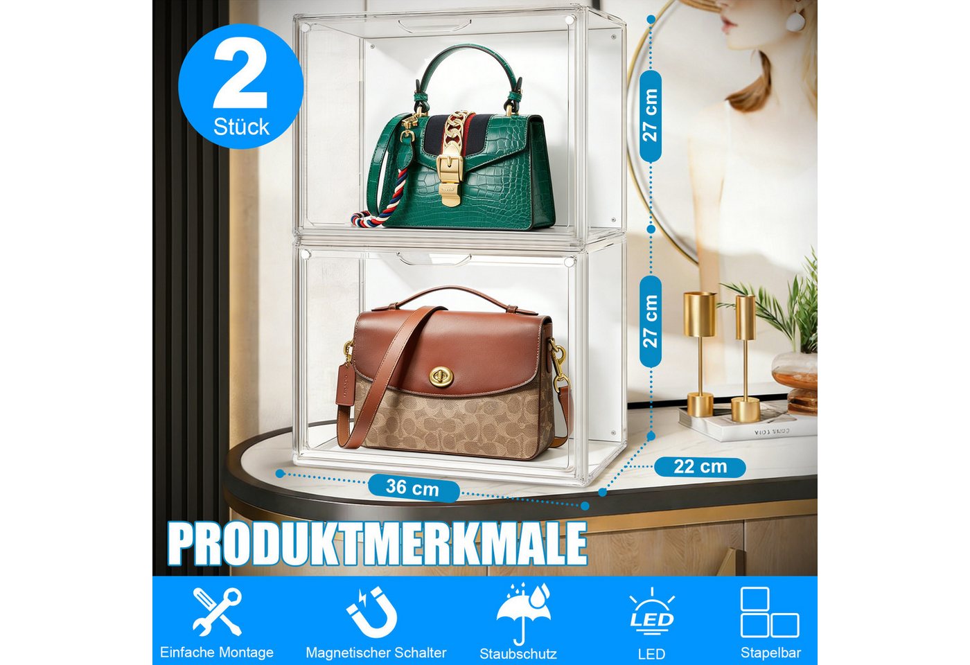 XERSEK Vitrine Acryl Displaybox mit LED, Magnettür, Transparent Organizer 36×22 ×27cm (4 Set] Staubdicht, Stapelfähig, Horizontal oder Vertical Platzierbar) Acr – Bild 3 von 5