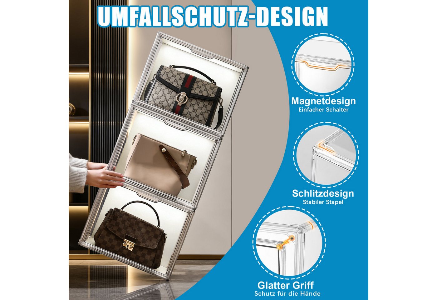 XERSEK Vitrine Acryl Displaybox mit LED, Magnettür, Transparent Organizer 36×22 ×27cm (4 Set] Staubdicht, Stapelfähig, Horizontal oder Vertical Platzierbar) Acr – Bild 4 von 5