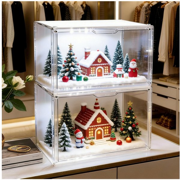XERSEK Vitrine Acryl Displaybox mit LED, Magnettür, Transparent Organizer 36×22 ×27cm (2 Set] Staubdicht, Stapelfähig, Horizontal oder Vertical Platzierbar) Acr