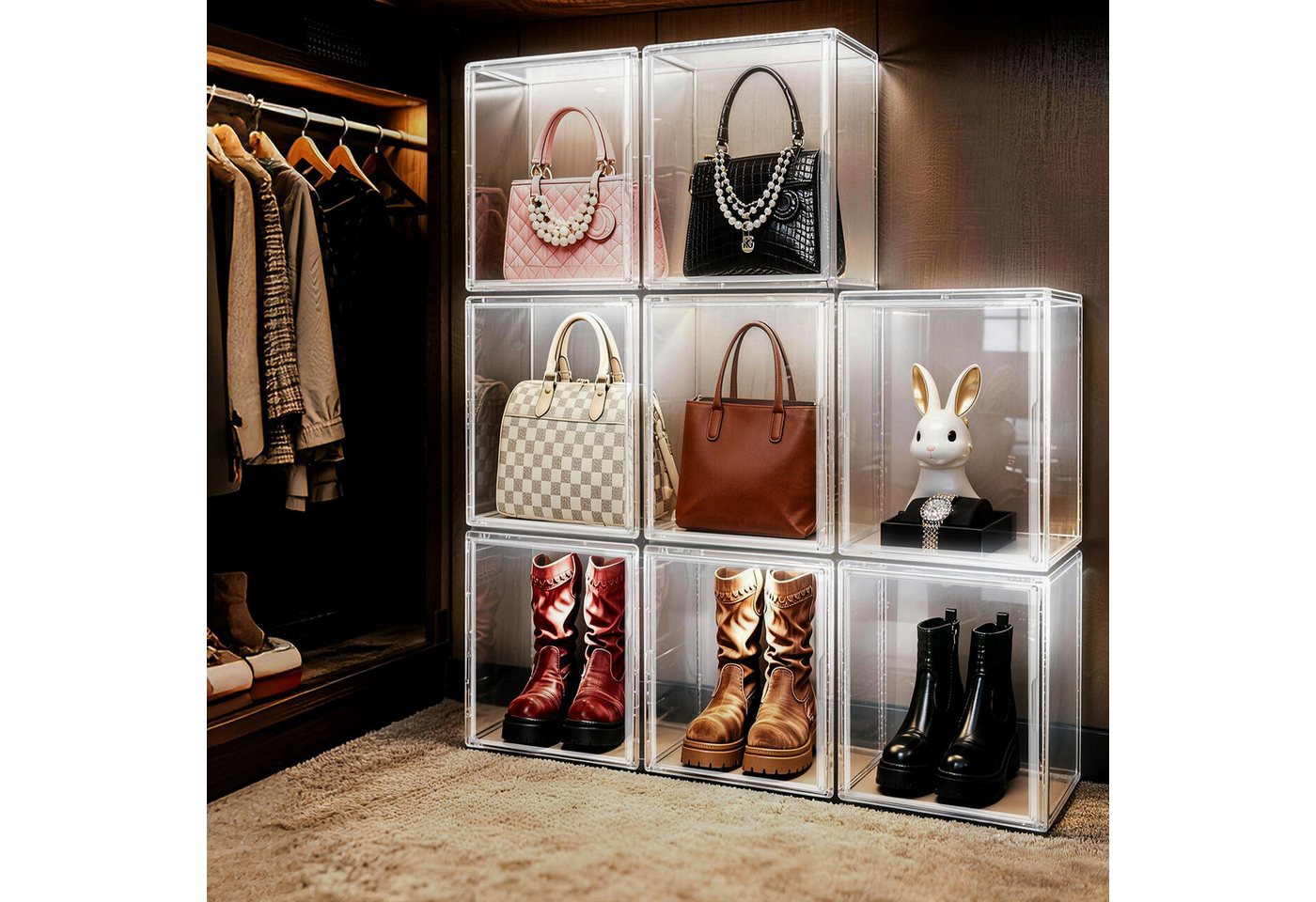 XERSEK Vitrine LED Transparente Schuhbox Acryl Displaybox Organizer Aufbewahrungsbox (Set, 2-St., 44×33×33cm Stapelfähig mit Magnettür) für Modelle Spielzeug Ha – Bild 3 von 5