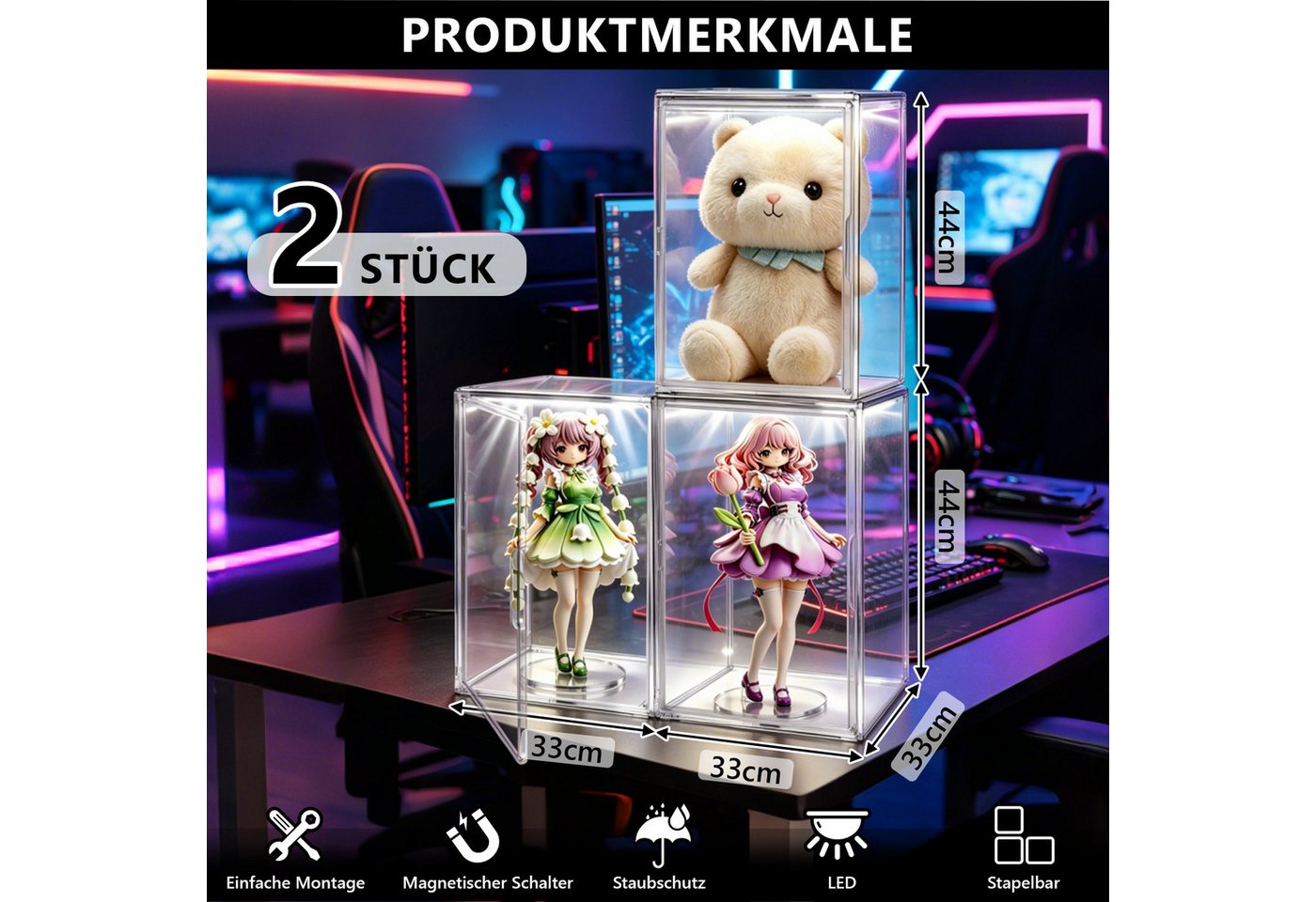 XERSEK Vitrine LED Transparente Schuhbox Acryl Displaybox Organizer Aufbewahrungsbox (Set, 2-St., 44×33×33cm Stapelfähig mit Magnettür) für Modelle Spielzeug Ha – Bild 4 von 5