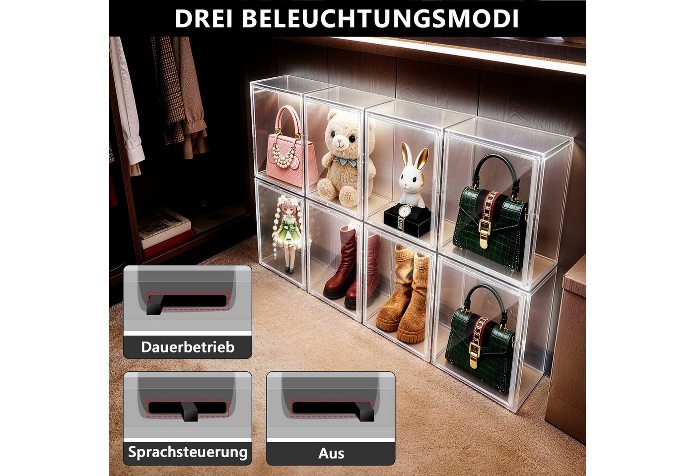 XERSEK Vitrine LED Transparente Schuhbox Acryl Displaybox Organizer Aufbewahrungsbox (Set, 2-St., 44×33×33cm Stapelfähig mit Magnettür) für Modelle Spielzeug Ha – Bild 5 von 5