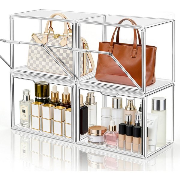 XERSEK Vitrine Transparent Displaybox mit Magnettür, Acryl Schaukasten Organizer (4 Set] 40×25×30cm Stapelfähig, Horizontal oder Vertical Platzierbar) Acryl-Vit