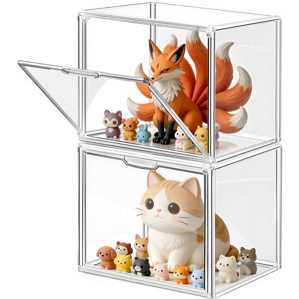 XERSEK Vitrine Transparent Displaybox mit Magnettür, Acryl Schaukasten Organizer (2 Set] 36×22×27cm Stapelfähig, Horizontal oder Vertical Platzierbar) Acryl-Vit