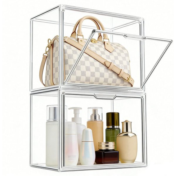 XERSEK Vitrine Transparent Displaybox mit Magnettür, Acryl Schaukasten Organizer (2 Set] 40×25×30cm Stapelfähig, Horizontal oder Vertical Platzierbar) Acryl-Vit