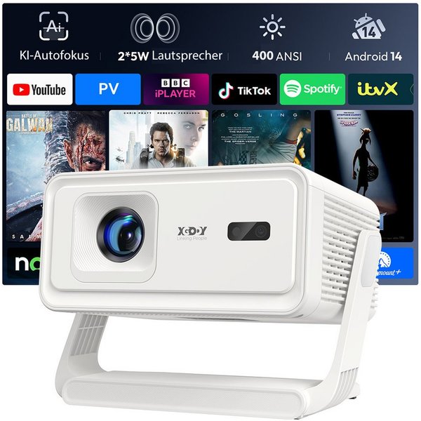 XGODY Gimbal A1 Smart Projektor – Android 14, WLAN 6, BT 5.4, Autofokus LCD-Beamer (400 lm, 10000:1, 3840 x 2160(400 ANSI Lumen) px, Auto-Trapezkorrektur, Tragb