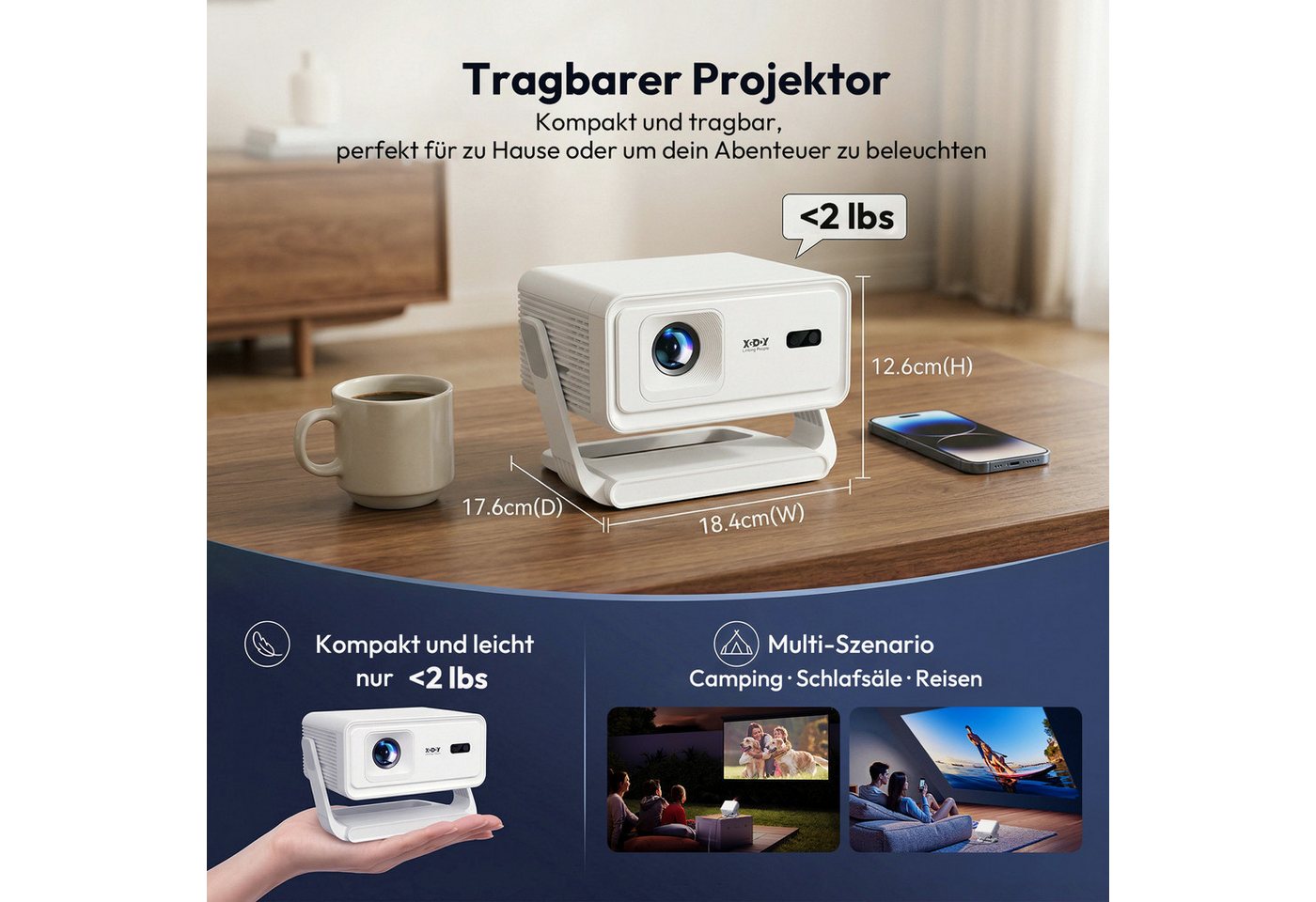 XGODY Gimbal A1 Smart Projektor – Android 14, WLAN 6, BT 5.4, Autofokus LCD-Beamer (400 lm, 10000:1, 3840 x 2160(400 ANSI Lumen) px, Auto-Trapezkorrektur, Tragb – Bild 3 von 5