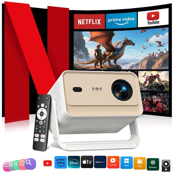 XGODY N6 Pro Smart Beamer 4K Heimkino, Kompatibel mit Netflix Autofokus Mini Beamer (700 lm, 3840 x 2160 px (700 ANSI) px, projektor 4k smart wifi mit Auto Trap
