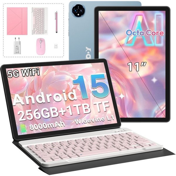 XGODY Q17 Tablet 11 Zoll, Android 15 Tablet, 256GB ROM (TF 1TB), 5G WiFi Tablet (11", 256 GB, Android 15, 8000 mAh inkl. deutscher Bluetooth-Tastatur, Stift & H