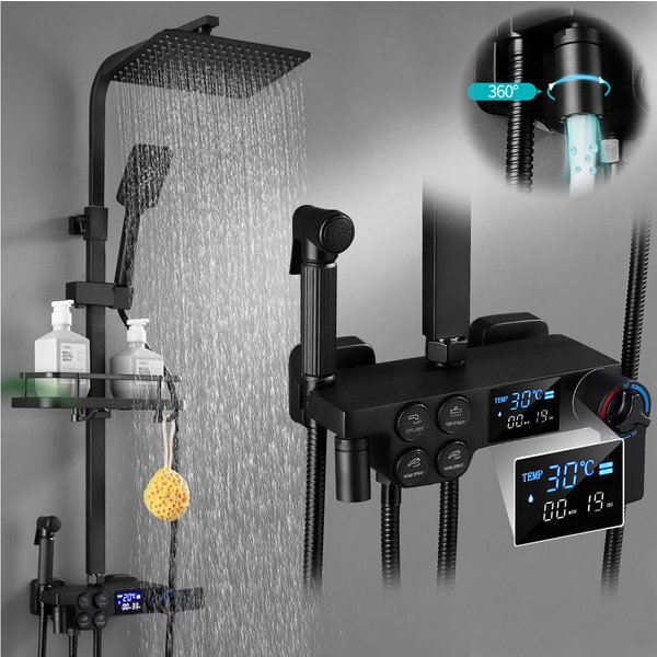 XIIW Duscharmatur Thermostat Duschsystem 86-120cm Verstellbare Duschstange Komplettset (Duschset mit Temperatur-LED-Display & Armatur, 30x19cm, 360° Regendusche
