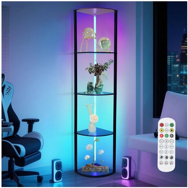 XIIW Eckvitrine LED Eckregal Standregal Bücherregal Vitrine mit Fernbedienung Smart (5 Etagen, 30×30×162 cm, Stehlampe Stehleuchte Regal aus Holz) für Wohnzimme