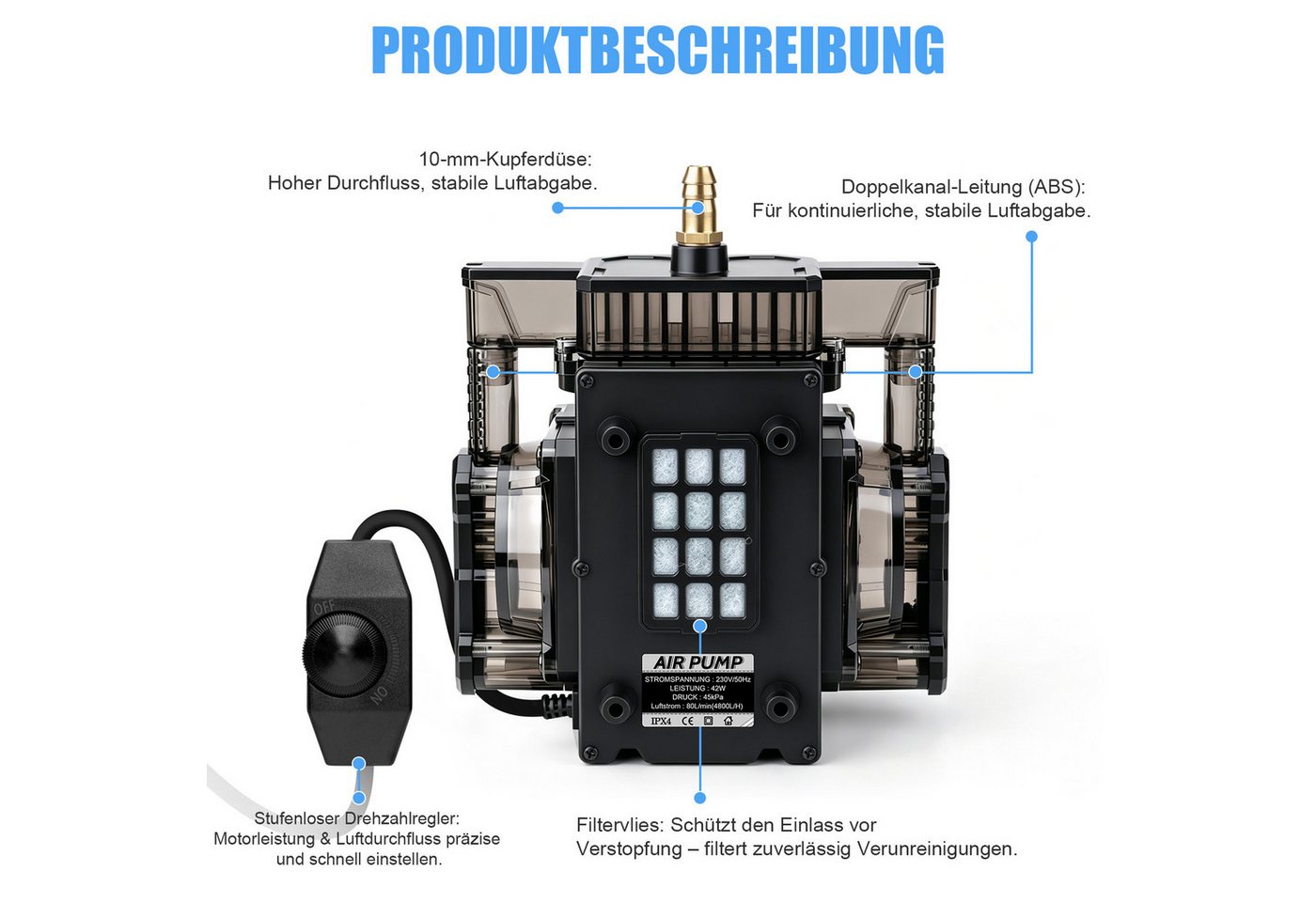 XIIW Luftpumpe 42W Teichbelüfter mit 12 Luftstein Aquarienpumpe Sauerstoffpumpe (Set, 29-tlg., 80L/Min 45kPa Flussregelbar, Dual-Kanal-Kupfermotor), für Aquariu – Bild 2 von 5