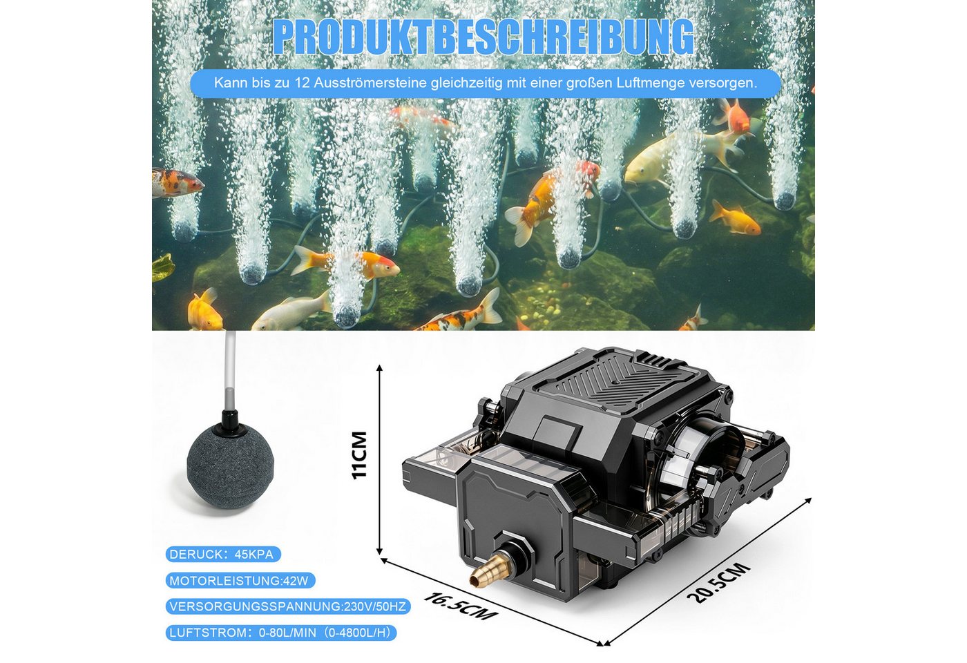 XIIW Luftpumpe 42W Teichbelüfter mit 12 Luftstein Aquarienpumpe Sauerstoffpumpe (Set, 29-tlg., 80L/Min 45kPa Flussregelbar, Dual-Kanal-Kupfermotor), für Aquariu – Bild 4 von 5