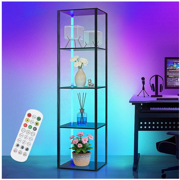 XIIW Standregal LED Dimmbar Bücherregal Standleuchte Sammlervitrine Stehend Eckregal, 5 Ebenen 160x39x29cm Einstellbarer LED-Beleuchtung, Holz Stehlampe für Bür