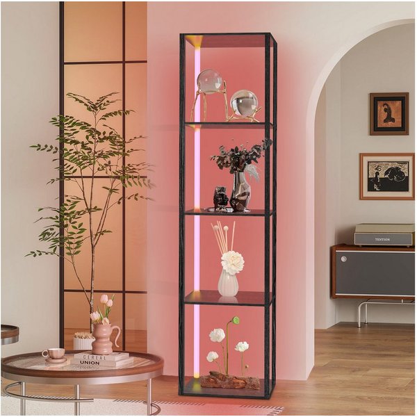 XIIW Standvitrine Eckvitrine Eckschrank Eckregal mit Dimmbare LED, Vitrine 5-Ebenen Holz (Fernbedienung, 2700K - 6500K, 39x29x160 cm, Stehlampe Regal) Präsentat