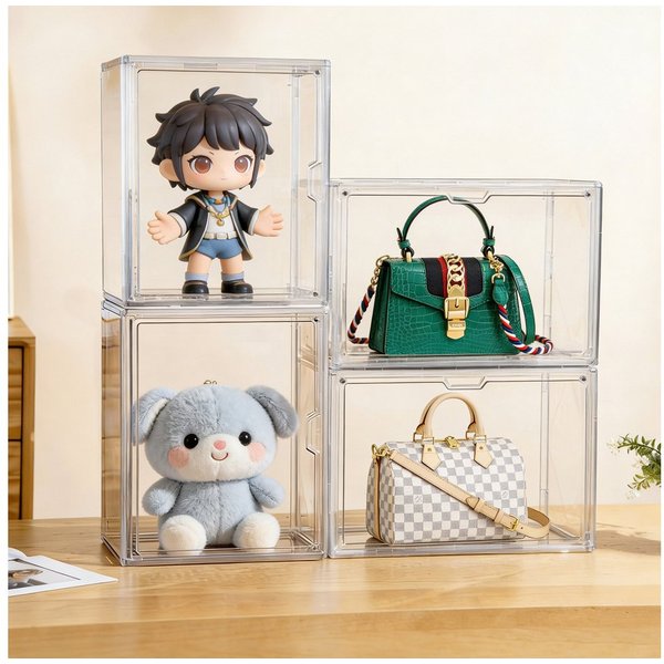 XIIW Vitrine 4X Handtaschen Aufbewahrung Organizer Transparente Kunststoff (Stapelbare Displaybox mit Magnetischer Tür, Taschen-Organizer, Aufbewahrungsschublad