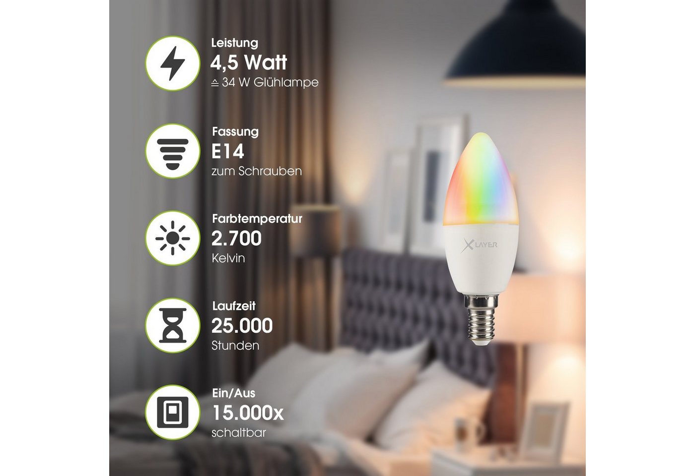 XLAYER Smarte LED-Leuchte WLAN LED Lampe Smart Echo E14 4.5W Warmweiß, Mehrfarbig Dimmbar – Bild 3 von 3