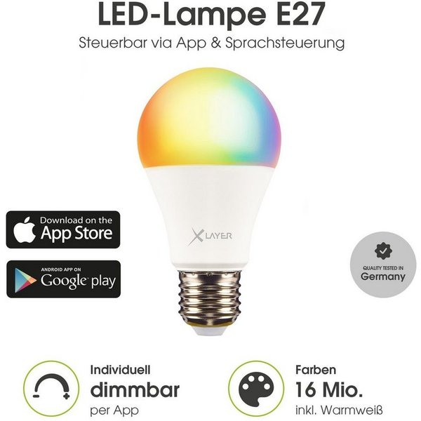 XLAYER Smarte LED-Leuchte WLAN LED Lampe Smart Echo E27 9W Warm- und Kaltweiß Mehrfarbig Dimmbar