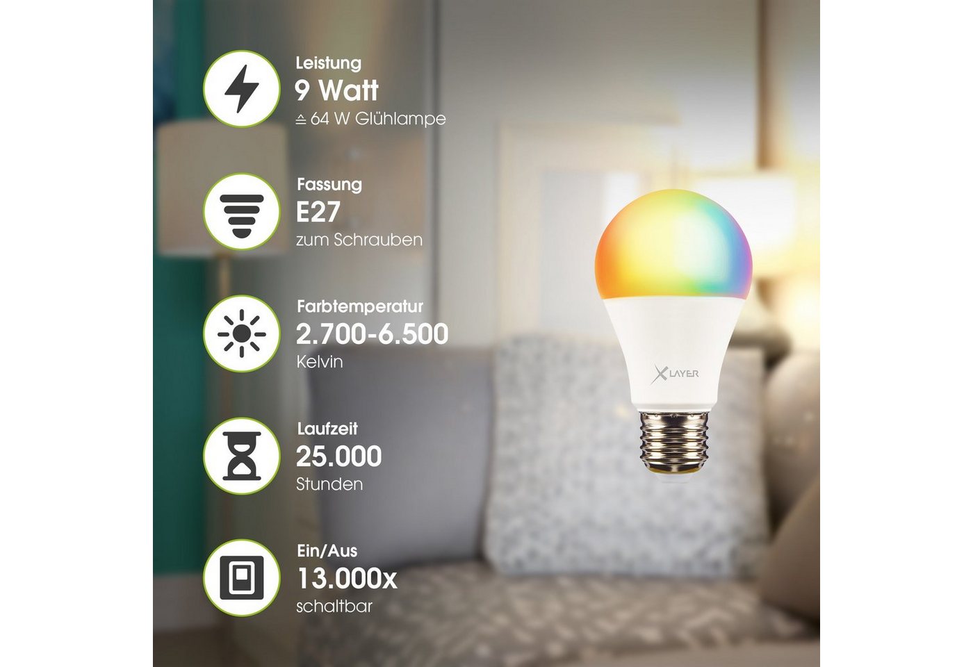 XLAYER Smarte LED-Leuchte WLAN LED Lampe Smart Echo E27 9W Warm- und Kaltweiß Mehrfarbig Dimmbar – Bild 3 von 3