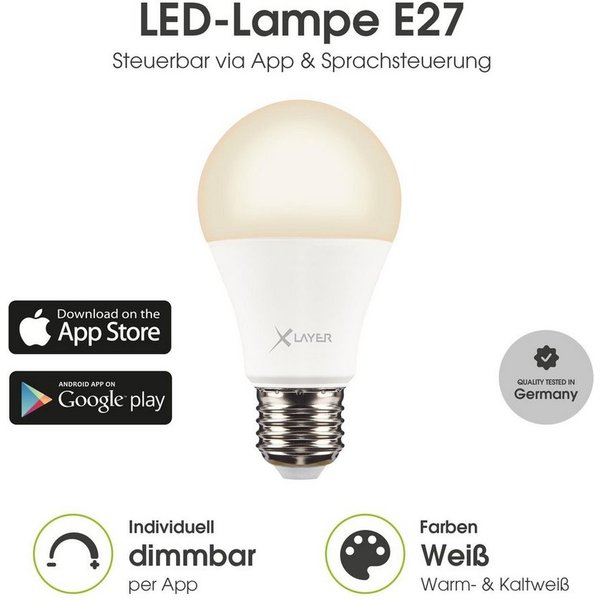 XLAYER Smarte LED-Leuchte WLAN LED Lampe Smart Echo E27 9W Warm- und Kaltweiß, Dimmbar