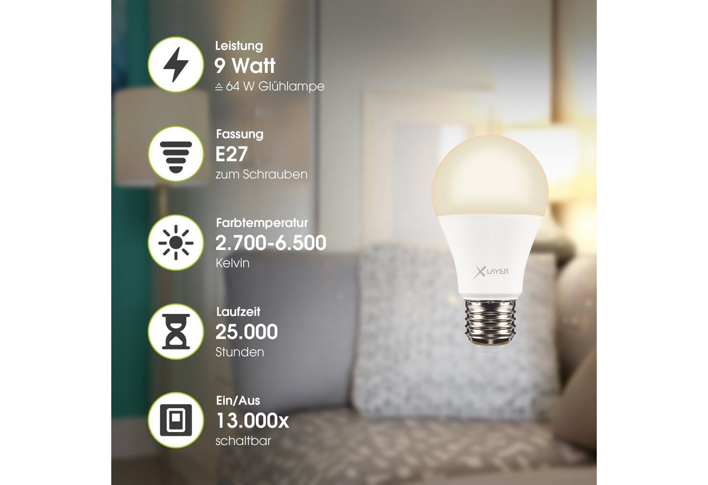 XLAYER Smarte LED-Leuchte WLAN LED Lampe Smart Echo E27 9W Warm- und Kaltweiß, Dimmbar – Bild 3 von 3