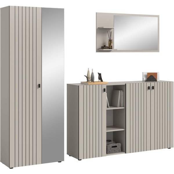 xonox.home Garderoben-Set, (3-tlg. Garderobenschrank, Schuhkommode & Garderobenspiegel), in Kaschmir Nachbildung B/H/T ca.: 235/192/37 cm