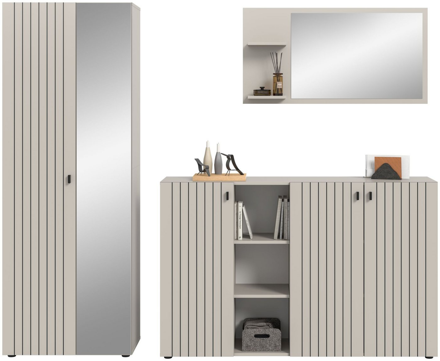 xonox.home Garderoben-Set, (3-tlg. Garderobenschrank, Schuhkommode & Garderobenspiegel), in Kaschmir Nachbildung B/H/T ca.: 235/192/37 cm – Bild 2 von 5