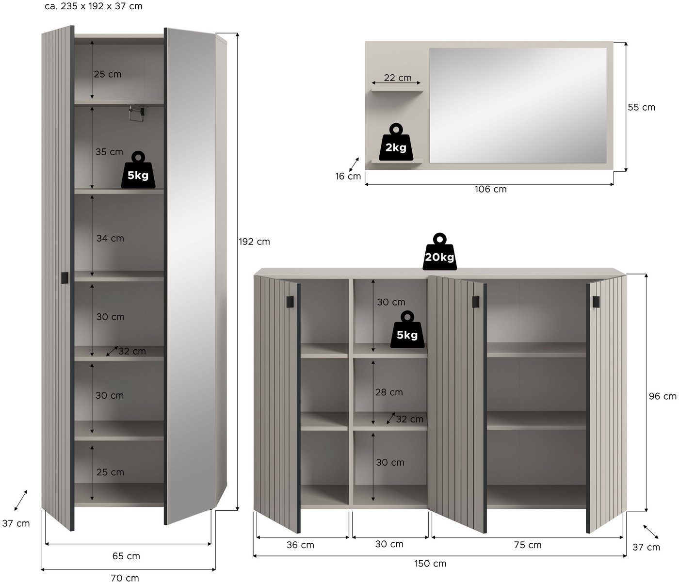 xonox.home Garderoben-Set, (3-tlg. Garderobenschrank, Schuhkommode & Garderobenspiegel), in Kaschmir Nachbildung B/H/T ca.: 235/192/37 cm – Bild 4 von 5