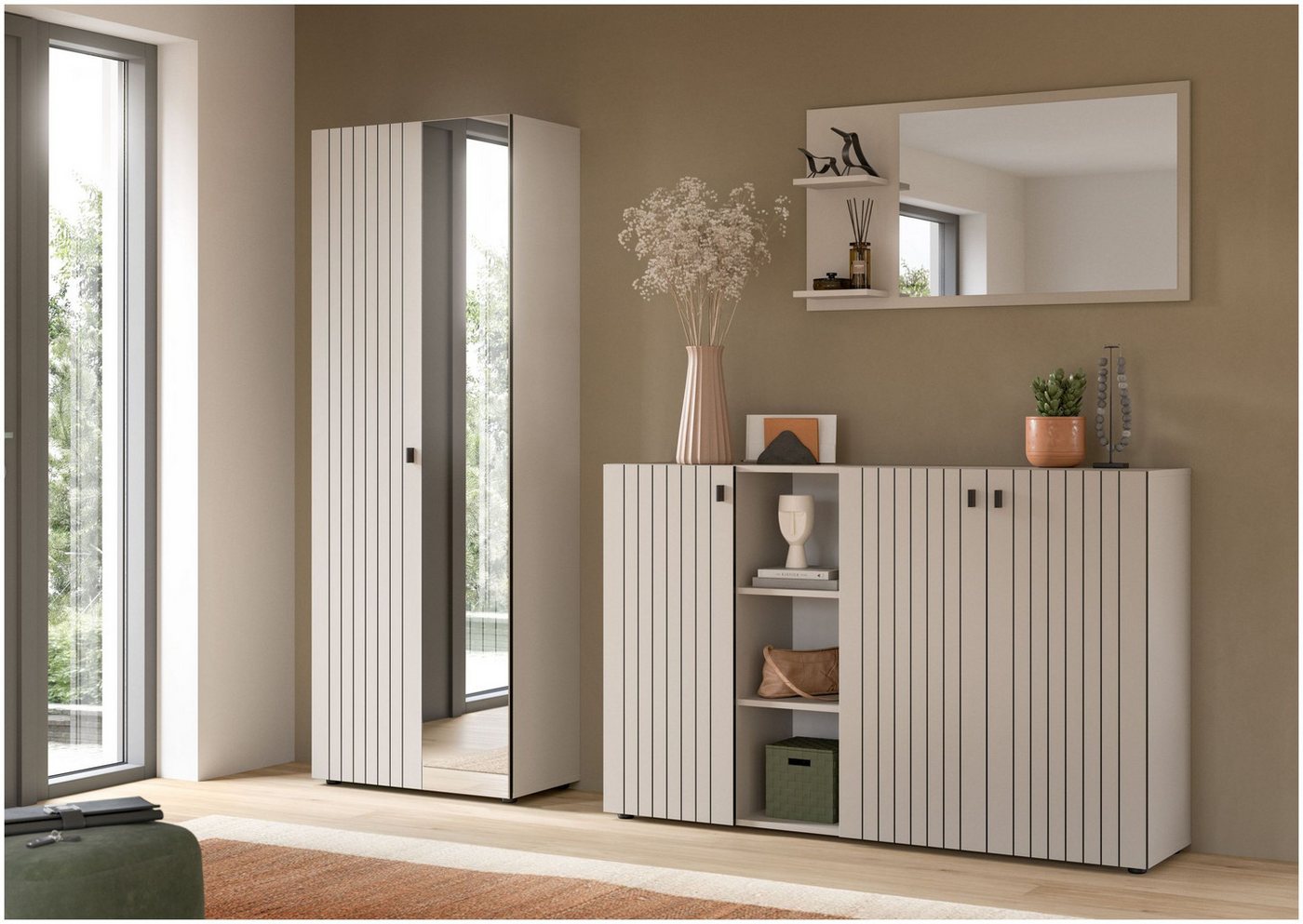 xonox.home Garderoben-Set, (3-tlg. Garderobenschrank, Schuhkommode & Garderobenspiegel), in Kaschmir Nachbildung B/H/T ca.: 235/192/37 cm – Bild 5 von 5