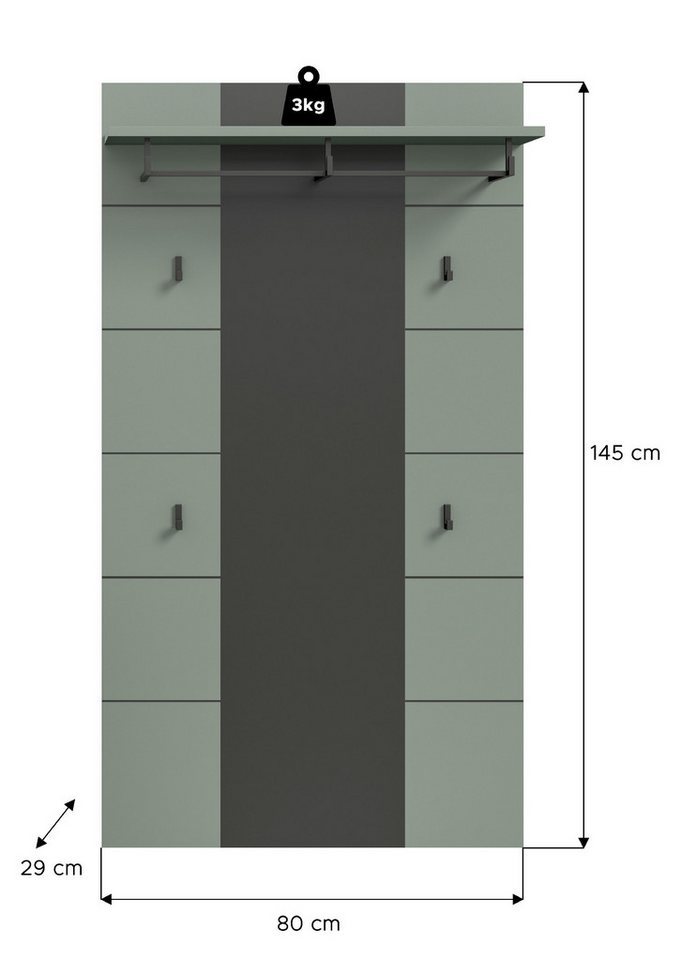 xonox.home Garderobenpaneel, Basalt grau/Smoke Green Melamin beschichtet 141x80x29 cm – Bild 3 von 5