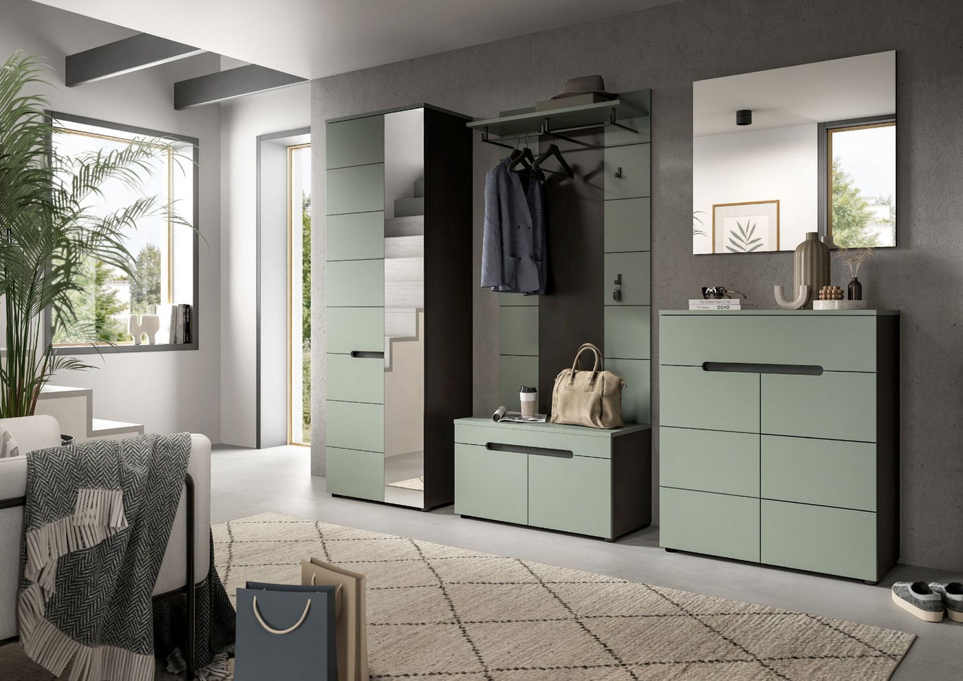 xonox.home Garderobenpaneel, Basalt grau/Smoke Green Melamin beschichtet 141x80x29 cm – Bild 4 von 5