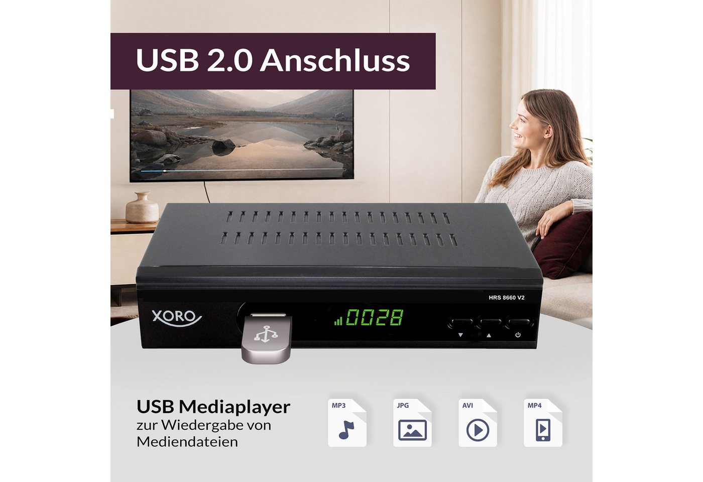 Xoro HRS 8660 V2 DVB-S/S2 mit PVR, Unicable, USB-Mediaplayer & 12 V SAT-Receiver (Timeshift, 8 Aufnahme-Timer & ASTRA 19,2° Senderliste vorprogrammiert) – Bild 3 von 5