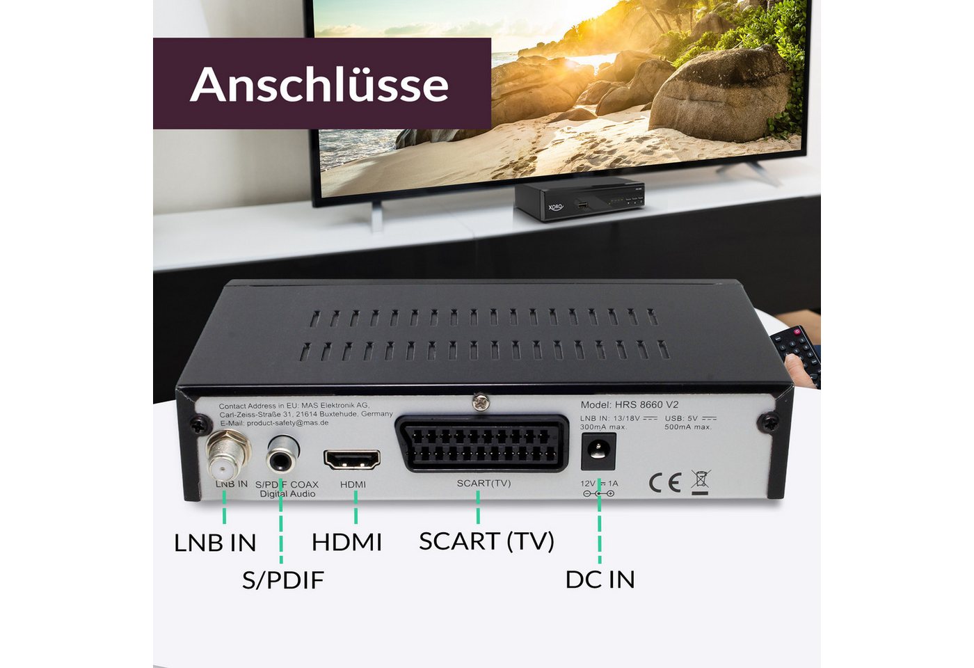 Xoro HRS 8660 V2 DVB-S/S2 mit PVR, Unicable, USB-Mediaplayer & 12 V SAT-Receiver (Timeshift, 8 Aufnahme-Timer & ASTRA 19,2° Senderliste vorprogrammiert) – Bild 5 von 5