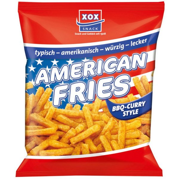 XOX Knabberei, XOX American Fries Curry BBQ Mais Kartoffel Snack Beutel 125g