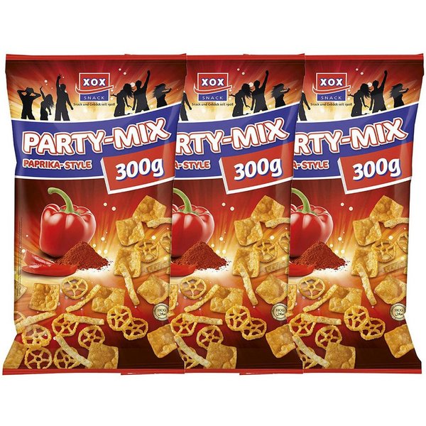 XOX Knabberei, XOX Partymix Paprika Style Kartoffel Weizen Snack 300g 3er Pack