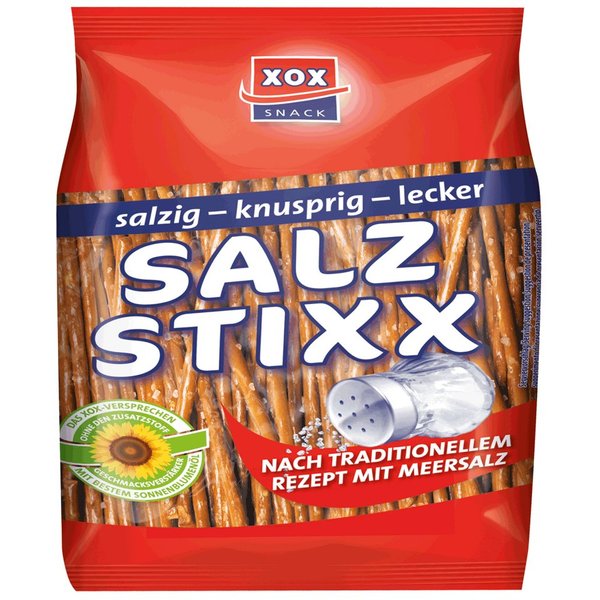 XOX Knabberei, XOX Salz Stixx Laugengebäck Stangen mit Meersalz knusprig 250g