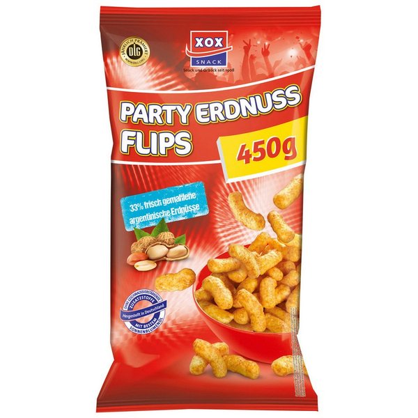 XOX Knabberei, XOX Party Flips Erdnuss Style knuspriger Mais Erdnuss Snack 450g