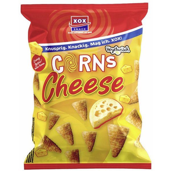 XOX Knabberei, XOX Corns Nacho Cheese knuspriger Snackgenuss Packung 85g