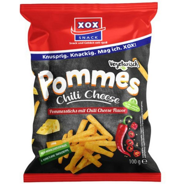 XOX Knabberei, XOX Pommes Chili Cheese Maissnack mit pikanter Gewürzmischung 100g