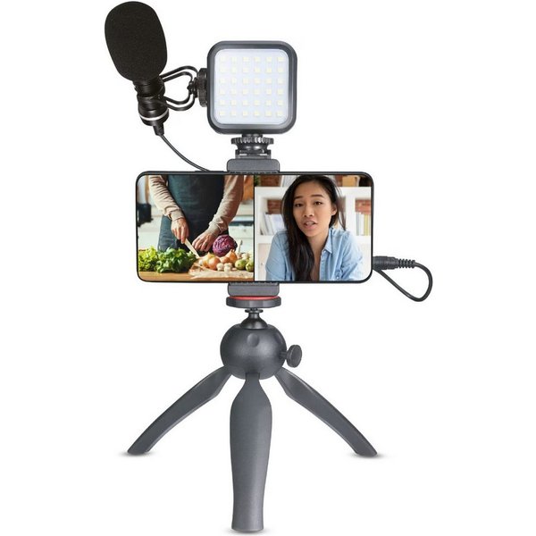 XQISIT Handy-Halterung Vlogging Kit – Smartphone Stativ mit LED-Licht & Mikrofon