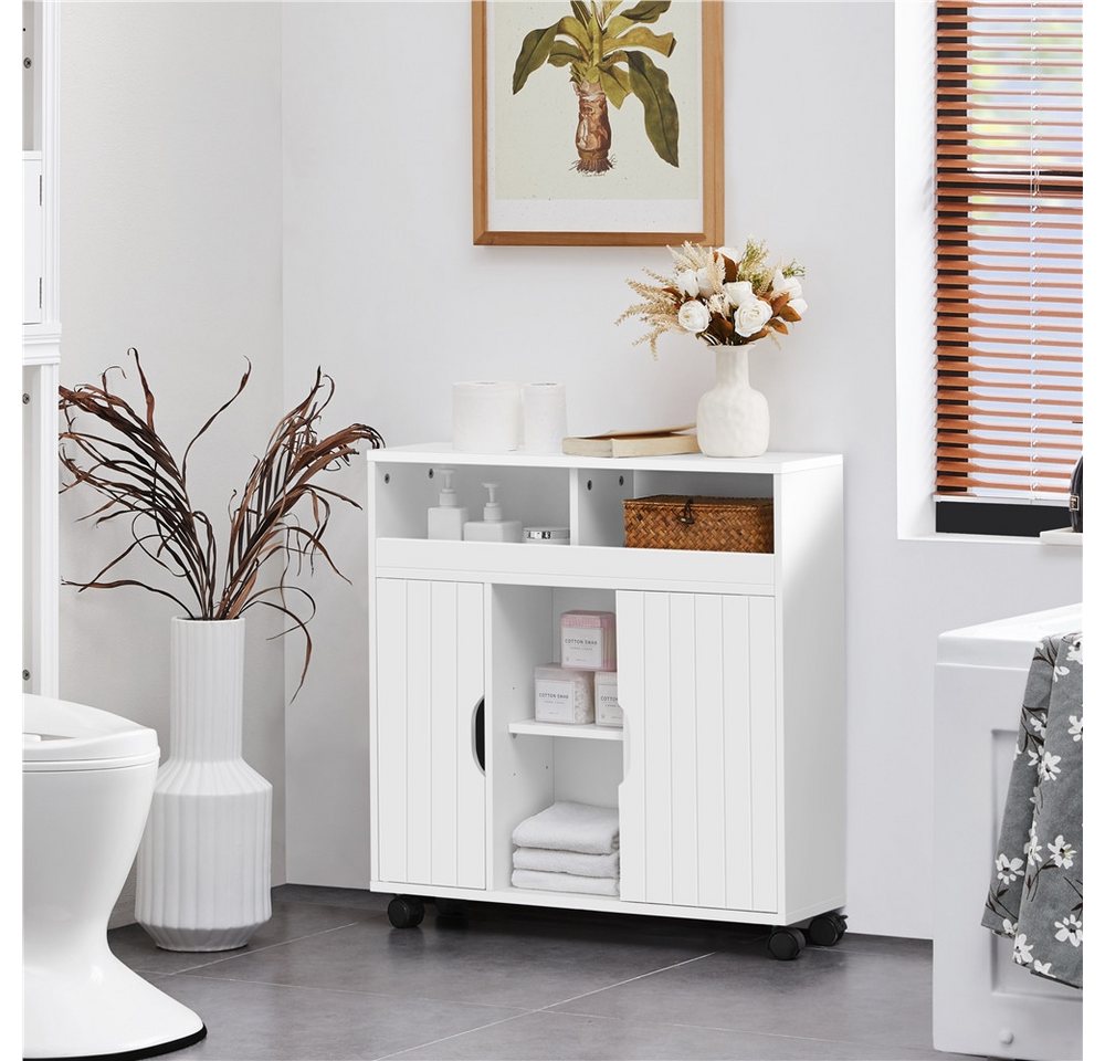 Yaheetech Badkommode Badezimmerschrank 70 × 20 × 72 cm, mit Schiebetüren & 4 Räder mit Bremsen & 7 Fächern – Bild 3 von 5
