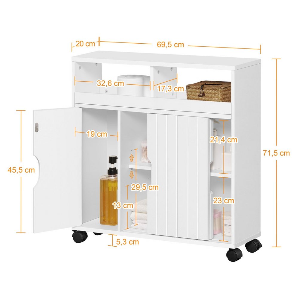 Yaheetech Badkommode Badezimmerschrank 70 × 20 × 72 cm, mit Schiebetüren & 4 Räder mit Bremsen & 7 Fächern – Bild 4 von 5