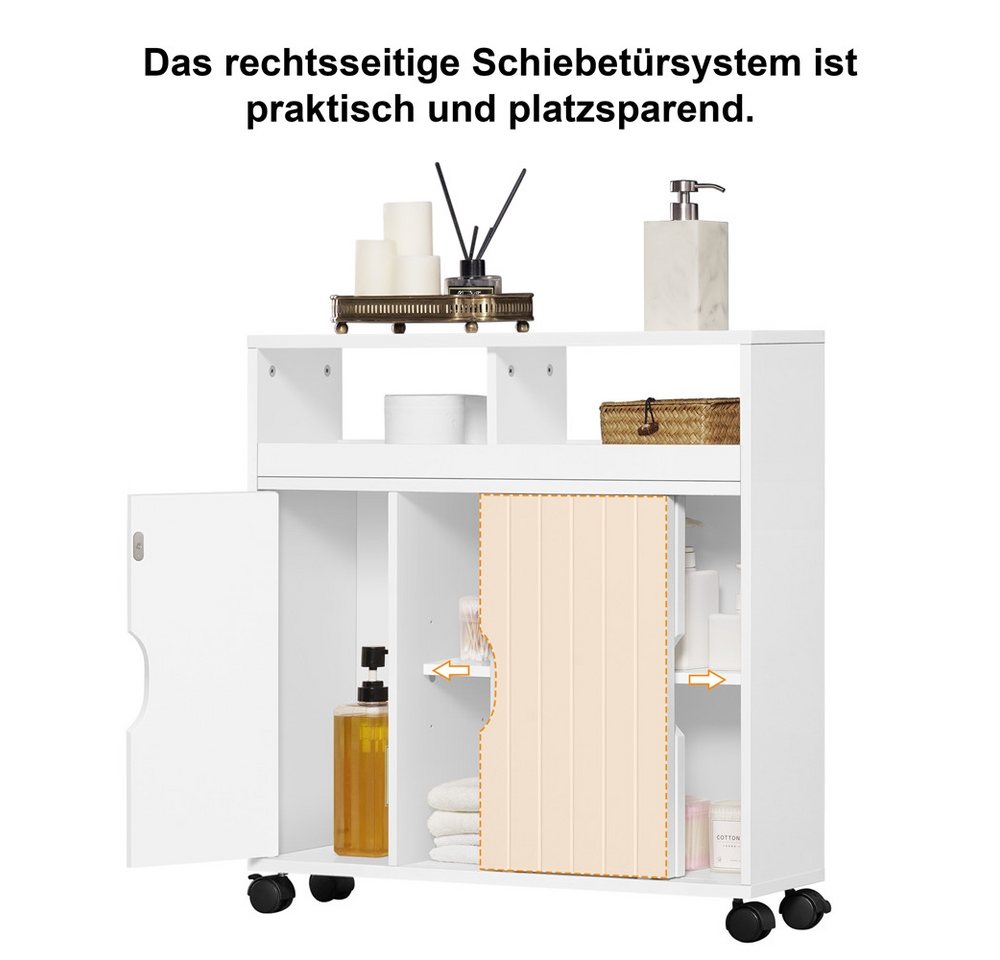 Yaheetech Badkommode Badezimmerschrank 70 × 20 × 72 cm, mit Schiebetüren & 4 Räder mit Bremsen & 7 Fächern – Bild 5 von 5