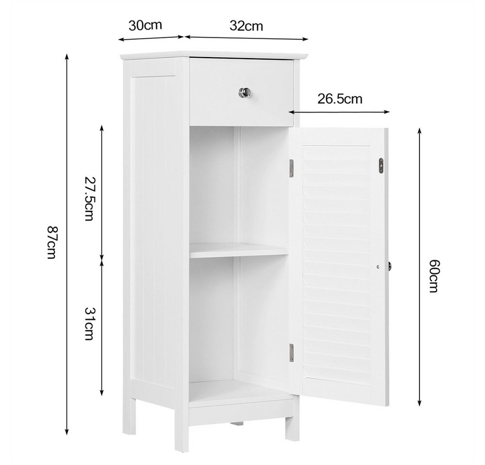 Yaheetech Badkommode Badezimmerschrank Standschrank mit Einzeltür, Schmaler Badschrank mit 1 Schublade & 2 Fächern – Bild 4 von 5